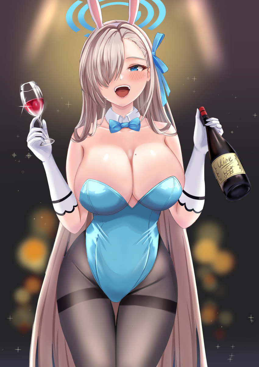 1girl :d absurdres animal_ears asuna_(blue_archive) asuna_(bunny_girl)_(blue_archive) bangs bare_shoulders black_legwear blonde_hair blue_archive blue_bow blue_bowtie blue_eyes blue_leotard blue_ribbon blurry blurry_background blush bottle bow bowtie breasts collarbone cup detached_collar drinking_glass elbow_gloves gloves groin hair_over_one_eye hair_ribbon halo highres holding holding_bottle holding_cup kevin5573 large_breasts leaning_forward leotard long_bangs long_hair mole mole_on_breast open_mouth pantyhose playboy_bunny rabbit_ears ribbon smile solo sparkle straight_hair strapless strapless_leotard teeth thigh_gap thighband_pantyhose upper_teeth very_long_hair white_gloves wine_bottle wine_glass