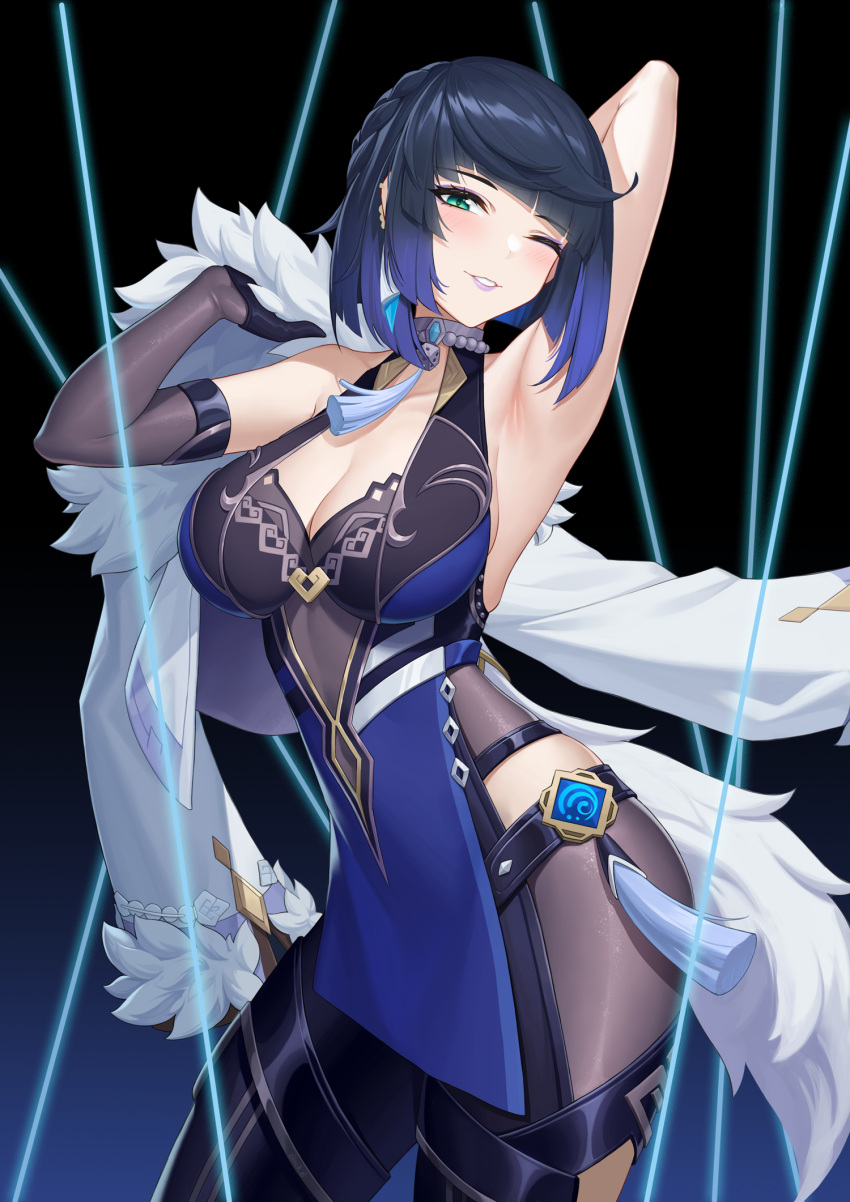 1girl arm_behind_head arm_up armpits bangs bead_choker black_background black_gloves black_hair blue_background blue_hair breasts chinese_clothes choker cleavage coat contrapposto covered_navel detached_sleeves diagonal_bangs dice fur-trimmed_coat fur_coat fur_trim genshin_impact gloves gradient gradient_background green_eyes highres hip_vent holding holding_clothes holding_coat kurosara large_breasts lights lips looking_at_viewer one_eye_closed parted_lips short_hair solo tassel vision_(genshin_impact) yelan_(genshin_impact)