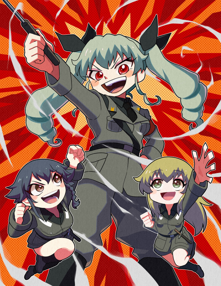 3girls :d absurdres anchovy_(girls_und_panzer) anzio_military_uniform arm_up bangs belt black_footwear black_hair black_necktie black_ribbon black_shirt blonde_hair blush boots braid brown_eyes carpaccio_(girls_und_panzer) chibi commentary dress_shirt drill_hair eyebrows_visible_through_hair girls_und_panzer green_eyes green_hair grey_jacket grey_pants grey_skirt hair_ribbon hand_on_hip highres holding jacket jumping knee_boots knife leg_up long_hair long_sleeves looking_at_another looking_at_viewer military military_uniform miniskirt multiple_girls nakachiruno necktie open_mouth pants pepperoni_(girls_und_panzer) raised_fist red_eyes ribbon riding_crop sam_browne_belt shirt short_hair side_braid skirt smile smug standing teeth textless texture twin_drills twintails uniform v-shaped_eyebrows wing_collar