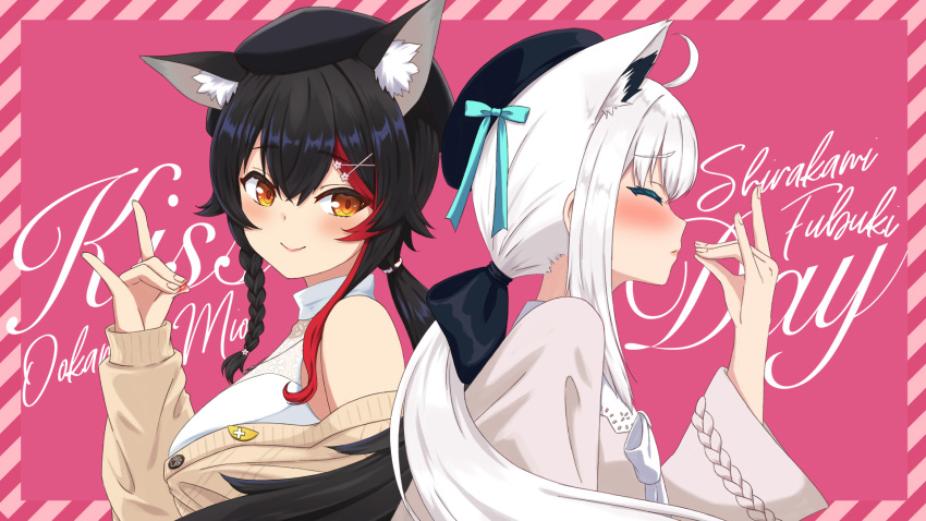 2girls \n/ ahoge animal_ear_fluff animal_ears bangs bare_shoulders beret black_bow black_hair black_headwear blush bow breasts brown_cardigan brown_eyes cardigan closed_eyes closed_mouth commentary_request extra_ears eyebrows_visible_through_hair fox_ears fox_girl from_side hachiman_tanuki hair_between_eyes hair_bow hair_ornament hat highres hololive implied_kiss kiss kiss_day large_breasts long_hair long_sleeves looking_at_viewer looking_to_the_side multicolored_hair multiple_girls off_shoulder ookami_mio ponytail red_hair shirakami_fubuki shirt sidelocks simple_background sleeveless sleeveless_shirt small_breasts smile streaked_hair upper_body virtual_youtuber white_background white_hair white_shirt wolf_ears wolf_girl x_hair_ornament