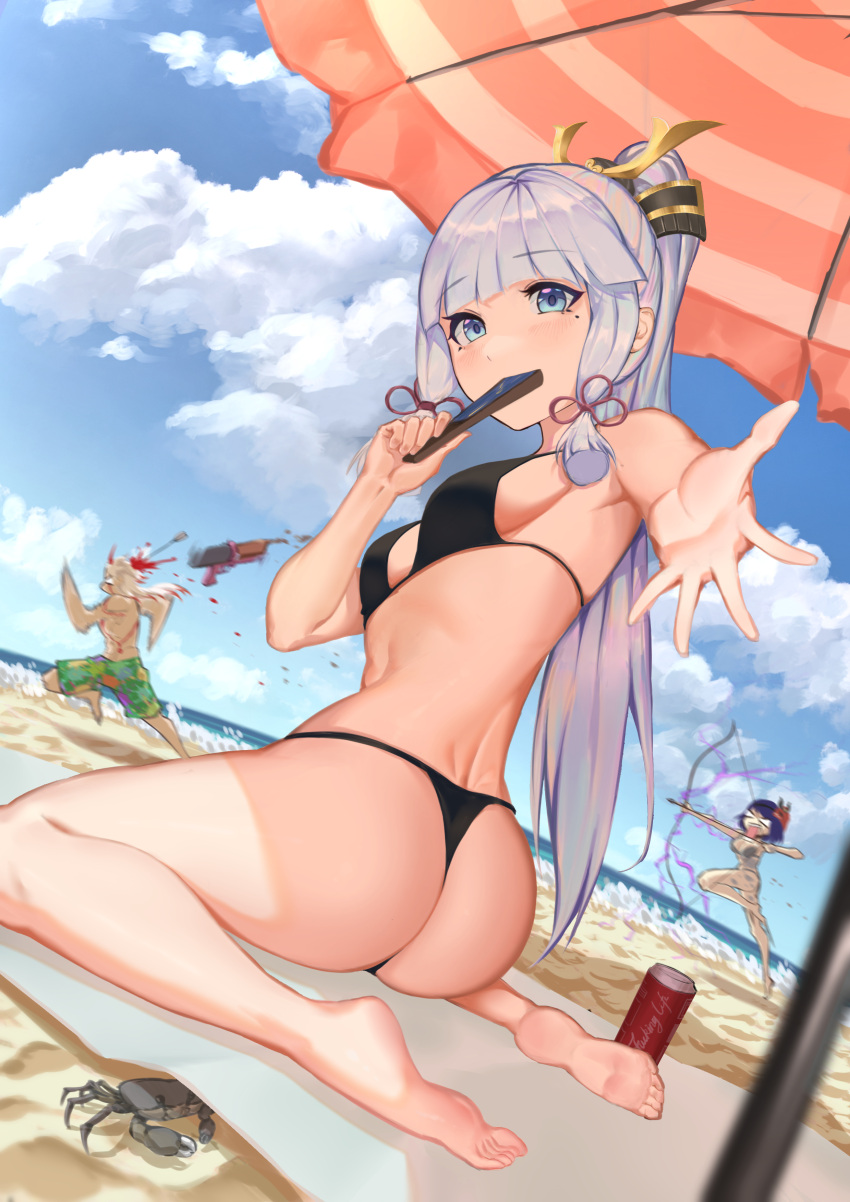 1boy 2girls absurdres aiming angry arataki_itto ass bangs barefoot beach bikini black_bikini blonde_hair blood blue_eyes blue_sky blunt_bangs blush can cloud cloudy_sky covering_mouth crab crossbow day drink eyebrows_visible_through_hair fleeing full_body genshin_impact hair_ornament hand_fan highres holding holding_fan horns jingshi kamisato_ayaka kujou_sara looking_at_viewer looking_back male_swimwear mole mole_under_eye multiple_girls oni_horns outdoors outstretched_hand ponytail reaching_out running sidelocks sky soles swim_trunks swimsuit