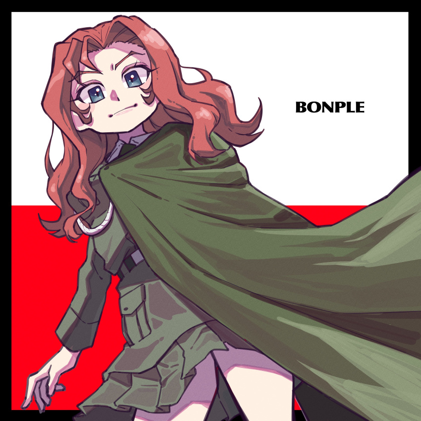 1girl absurdres bangs black_border black_necktie blue_eyes bonple_military_uniform border cape closed_mouth dress dutch_angle girls_und_panzer green_cape green_jacket green_skirt highres jacket long_hair long_sleeves looking_at_viewer maiko_(girls_und_panzer) miniskirt nakachiruno necktie parted_bangs pleated_skirt red_hair shirt skirt smile solo standing white_shirt wing_collar