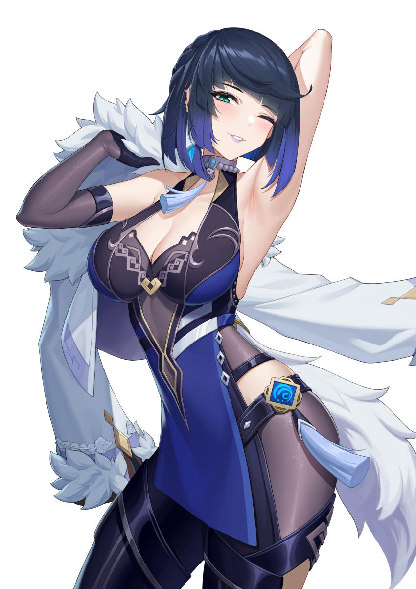 1girl absurdres arm_behind_head arm_up armpits bangs bead_choker black_gloves black_hair blue_hair breasts chinese_clothes choker cleavage coat contrapposto covered_navel detached_sleeves diagonal_bangs dice fur-trimmed_coat fur_coat fur_trim genshin_impact gloves green_eyes highres hip_vent holding holding_clothes holding_coat kurosara large_breasts lips looking_at_viewer one_eye_closed parted_lips short_hair simple_background solo tassel vision_(genshin_impact) white_background yelan_(genshin_impact)