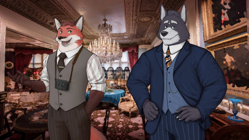 adastra adastra_(series) amicus_(adastra) anthro antique blue_eyes camera canid canine canis chandelier clothing duo echo_(series) echo_project fox furniture hands_on_hips hi_res living_room male mammal murdoch_byrnes necktie smile suit the_blue_prussian the_smoke_room topwear vest video_games vintage visual_novel windows_(disambiguation) wolf