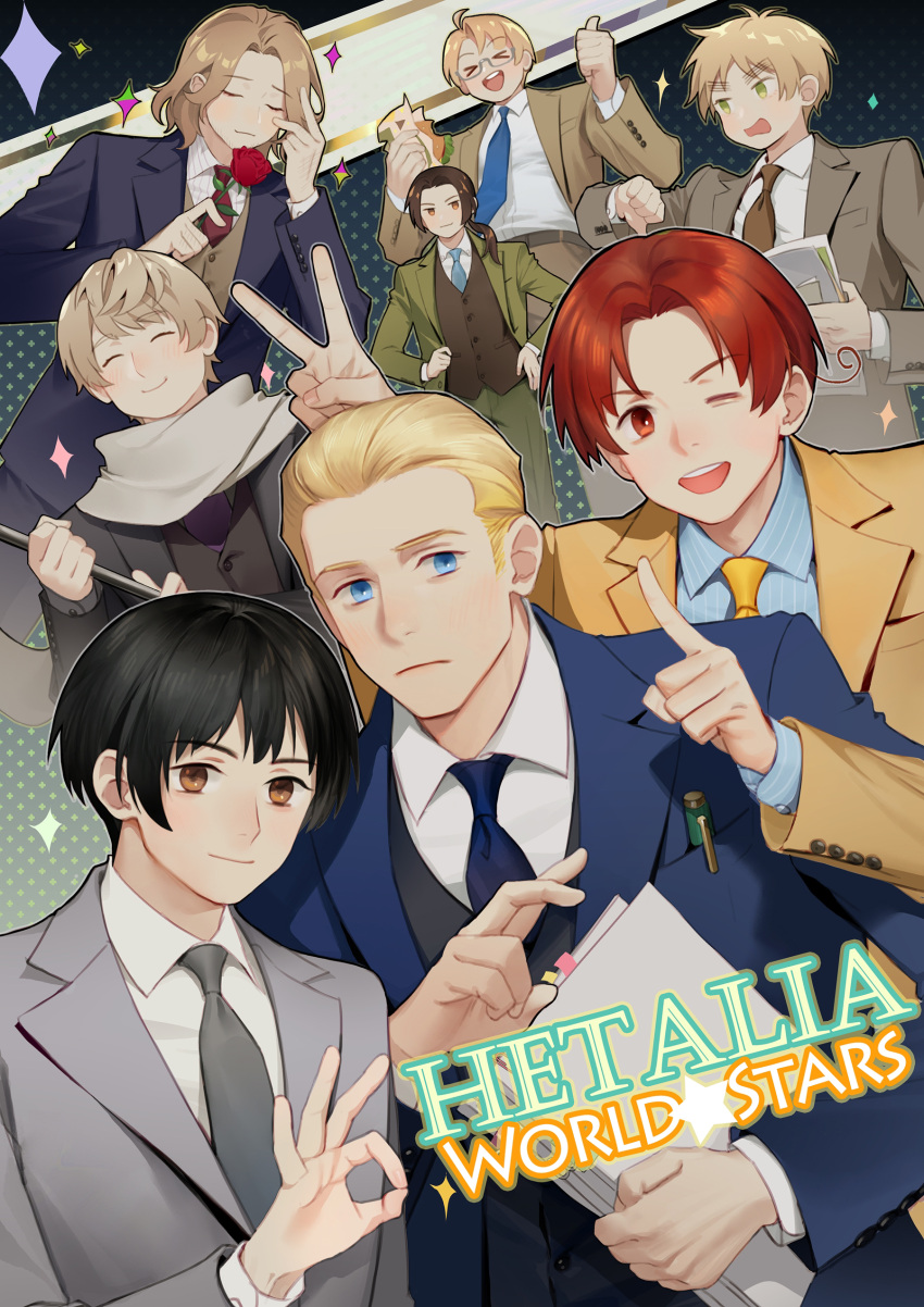 6+boys :3 absurdres america_(hetalia) axis_powers_hetalia china_(hetalia) copyright_name dotted_background flower formal france_(hetalia) germany_(hetalia) gradient gradient_background hands_on_hips highres holding holding_paper huacai index_finger_raised industrial_pipe japan_(hetalia) male_focus multiple_boys northern_italy_(hetalia) official_alternate_costume ok_sign one_eye_closed paper rose russia_(hetalia) scarf star_(symbol) suit thumbs_down united_kingdom_(hetalia) uwu v