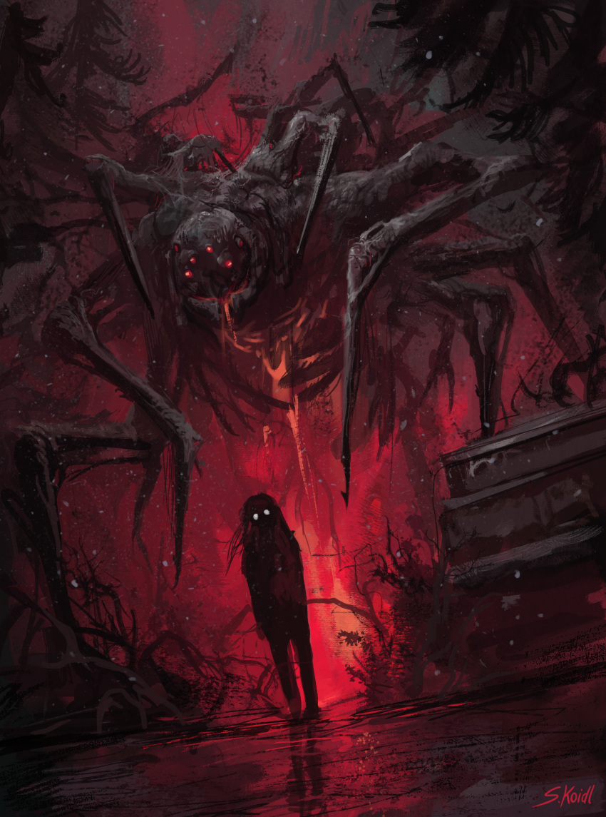 1girl absurdres commentary dutch_angle english_commentary forest full_body giant_spider glowing glowing_eyes highres horror_(theme) long_hair nature original outdoors signature silhouette solo stefan_koidl tree