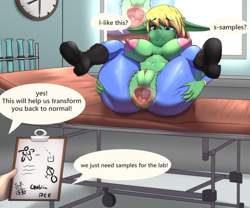 anal anus areola bethesda_softworks big_anus big_areola big_breasts big_butt big_ears blonde_hair blue_eyes bodily_fluids boots breasts butt chest_exposed clipboard clitoris clothing disembodied_hand fallout female footwear gaping gaping_anus genitals goblin hair hi_res highlights_(coloring) human humanoid humanoid_hands laboratory legwear looking_at_another mammal nipples photo pink_anus pink_hair pink_highlights pink_nipples pussy rubber rubber_clothing rubber_suit short_stack sitting sketch soleil_(avyweathery) solo unzipped unzipped_bodysuit vault_suit video_games waynekan
