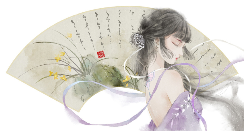 1girl backless_dress backless_outfit black_hair butterfly_tattoo closed_eyes dress eyelashes hair_ornament hairpin original purple_dress solo tattoo upper_body white_background yangmao_huahua_de_sui_sui