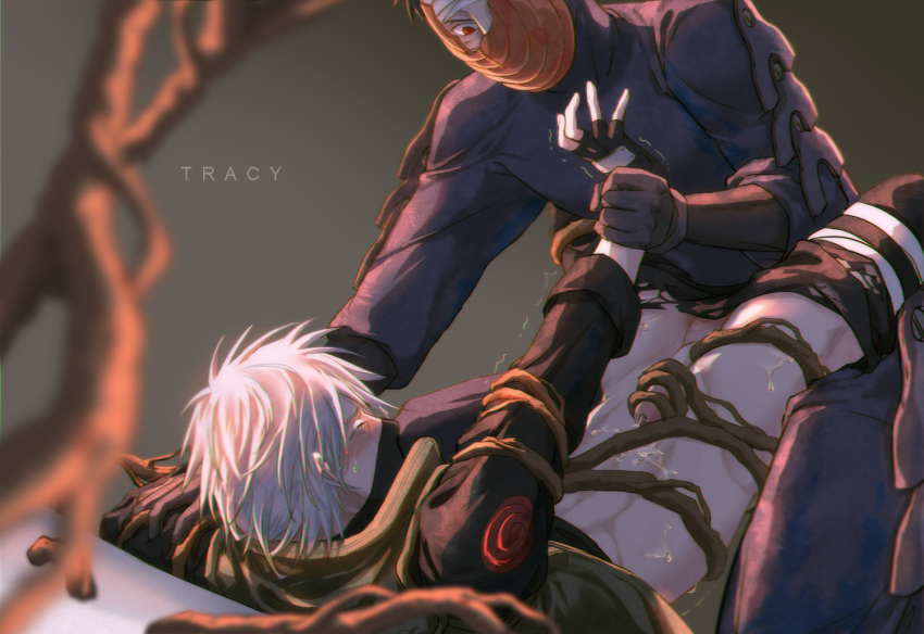 2boys abs arm_grab artist_name bandaged_head bandages bdsm black_gloves black_hair blush bondage bound closed_eyes clothed_sex commentary_request cum cum_on_self gloves grey_hair hatake_kakashi holding_another's_wrist improvised_bondage looking_at_another lying male_focus mask missionary mouth_mask multiple_boys naruto_(series) naruto_shippuuden on_back pants penis qwer00138 red_eyes roots sex sharingan short_hair torn_clothes trembling uchiha_obito yaoi