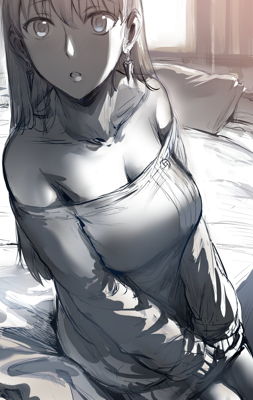 1girl absurdres bare_shoulders blush breasts collarbone earrings greyscale hews highres jewelry long_hair looking_at_viewer looking_up medium_breasts monochrome on_bed open_mouth pillow sitting sketch spy_x_family sweater yor_briar