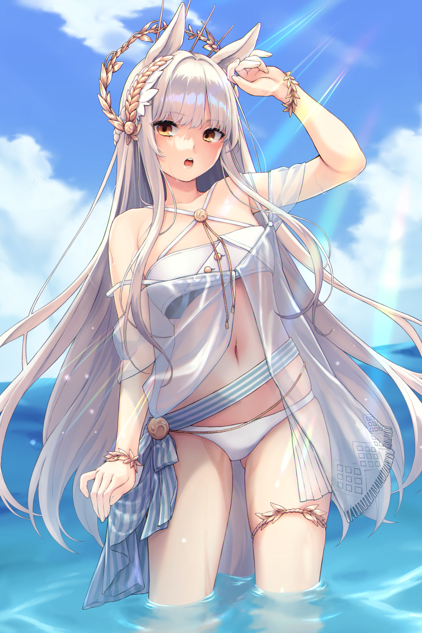 1girl :o absurdres animal_ears arknights ass_visible_through_thighs bandeau bangs bare_shoulders bikini blue_sky cloud commentary cowboy_shot criss-cross_halter day eyebrows_visible_through_hair halterneck highres horse_ears laurel_crown long_hair looking_at_viewer nameko_houshi navel official_alternate_costume open_mouth outdoors platinum_(arknights) platinum_(shimmering_dew)_(arknights) sky solo standing stomach swimsuit thighs very_long_hair wading water white_bikini white_hair yellow_eyes