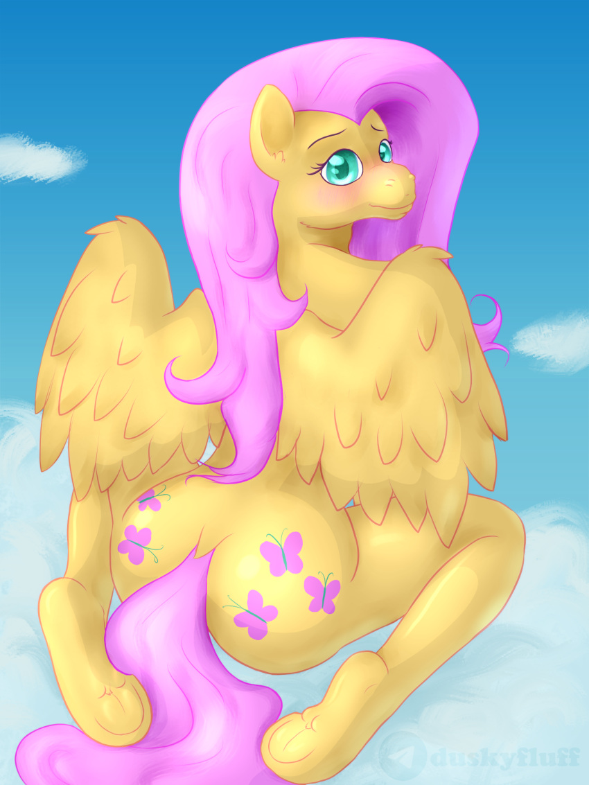 anthro blush butt dusky_fluff equid equine feathers female fluttershy_(mlp) friendship_is_magic fur hasbro hi_res hooves looking_at_viewer mammal my_little_pony outside pegasus sky smile smiling_at_viewer solo wings yellow_body yellow_feathers yellow_fur