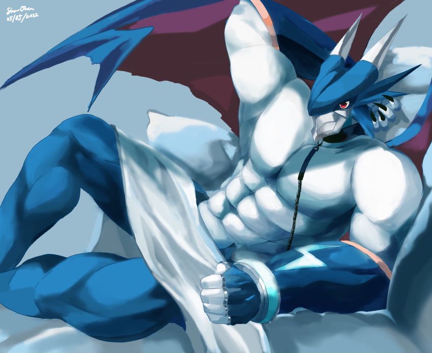 abs anthro armor bandai_namco bed bedding blanket blue_body byshz2000 chain clawed_fingers clothing digimon digimon_(species) fingerless_gloves furniture gauntlets gloves handwear headgear helmet hi_res horn humanoid male membrane_(anatomy) membranous_wings mostly_nude muscular muscular_male pecs red_eyes solo ulforceveedramon white_body wings