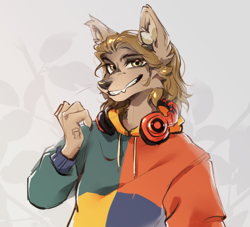 ambiguous_gender anthro black_nose blonde_hair bust_portrait canid canine canis claws clothed clothing domestic_dog fur hair headphones inner_ear_fluff ishimaurell looking_at_viewer mammal portrait smile solo sweater tan_body tan_eyes tan_fur tattoo teeth topwear tuft whiskers