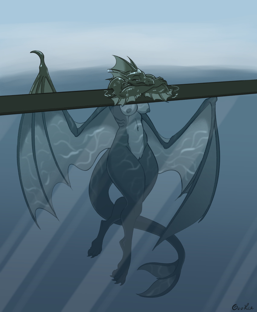2022 anthro aquatic_dragon breasts dragon female frill_(anatomy) genitals goolee hi_res looking_at_viewer marine membrane_(anatomy) membranous_wings nipples nude pussy scalie solo swimming water wings