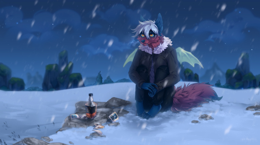 alcohol ambiguous_gender anthro barefoot beverage blue_body blue_fur bottle bottomwear canid canine chiropteran claws clothed clothing cloud digitigrade feet fox fur hair hi_res hybrid ishimaurell jacket mammal membrane_(anatomy) membranous_wings outside pants photo red_body red_fur sitting sky snow solo syrrah_(inkh) topwear white_hair wings winter yellow_eyes