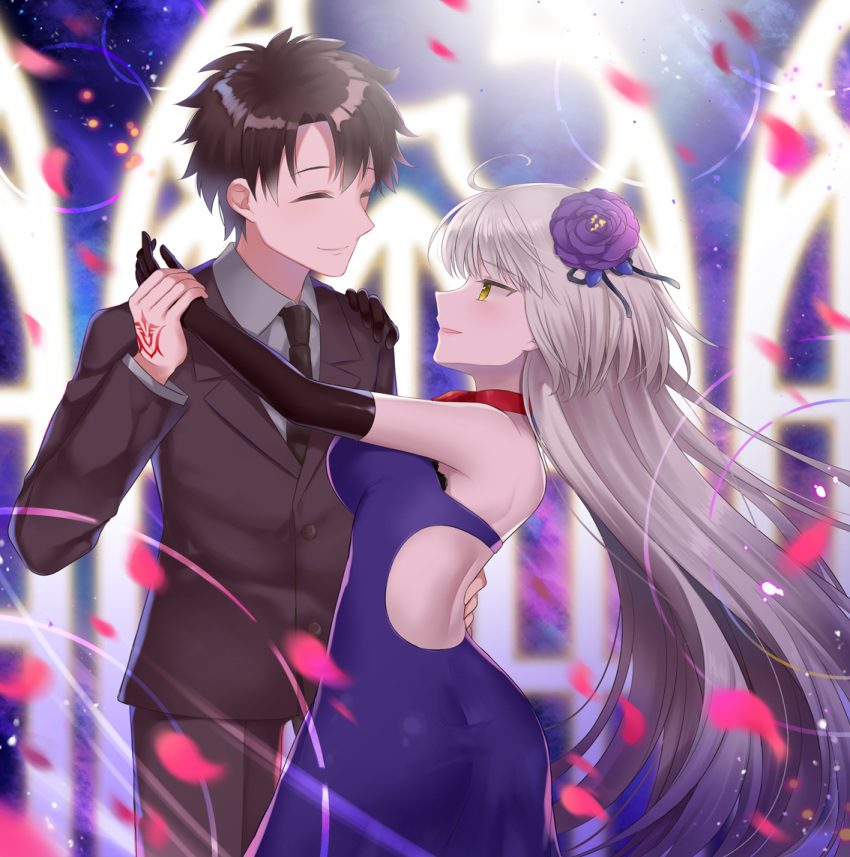 1boy 1girl ahoge alternate_costume ass back bangs bare_shoulders black_gloves black_hair black_necktie black_pants black_suit blush breasts buttons closed_eyes closed_mouth clothing_cutout command_spell commentary_request dancing dress elbow_gloves fate/grand_order fate_(series) floating_hair flower formal from_side fujimaru_ritsuka_(male) fujimaru_ritsuka_(male)_(royal_brand) gloves grey_hair grey_shirt hair_flower hair_ornament hand_on_another's_hip hand_on_another's_shoulder holding_hands jeanne_d'arc_alter_(avenger)_(fate) jeanne_d'arc_alter_(fate) long_hair long_sleeves looking_at_another medium_breasts naomi_(fantasia) necktie official_alternate_costume pants petals profile purple_dress purple_flower shirt short_hair sleeveless sleeveless_dress smile strapless strapless_dress suit very_long_hair waltz_(dance) yellow_eyes
