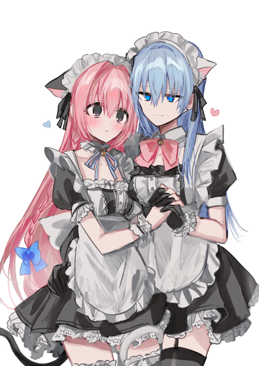 2girls absurdres alternate_costume animal_ears apron bangs black_dress black_gloves black_legwear blue_bow blue_eyes blue_hair blue_ribbon blush bow braid breasts cat_ears cat_girl cat_tail chihuri closed_mouth collarbone commentary_request dress enmaided eye_contact eyebrows_visible_through_hair frilled_apron frilled_legwear frills garter_straps gloves hair_between_eyes hair_bow heart highres holding_hands interlocked_fingers kemonomimi_mode long_hair looking_at_another maid maid_headdress medium_breasts multiple_girls neck_ribbon original parted_lips pink_bow pink_hair puffy_short_sleeves puffy_sleeves purple_eyes ribbon short_sleeves simple_background smile tail tail_wrap thighhighs twin_braids very_long_hair white_apron white_background wrist_cuffs yuri