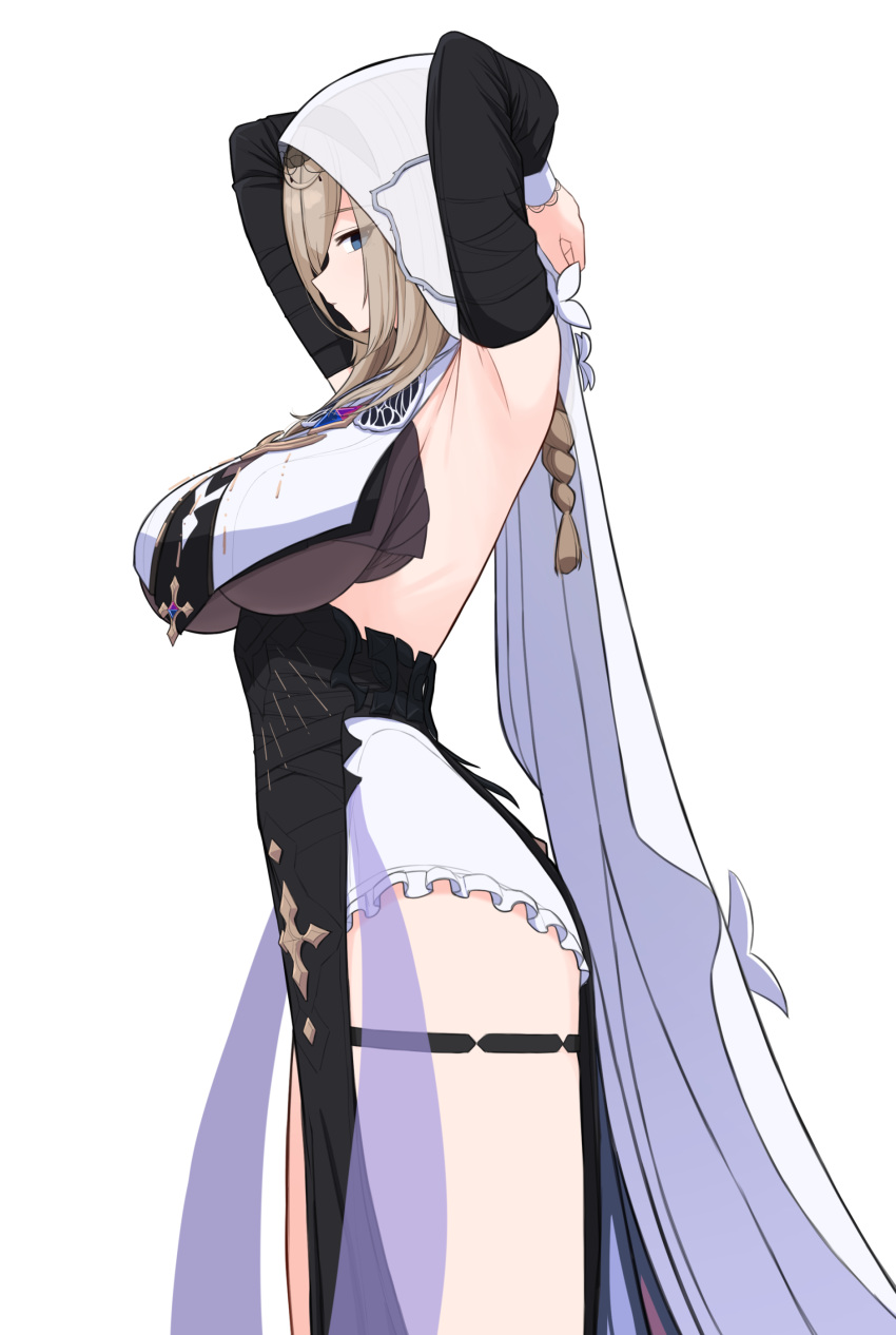 1girl absurdres aponia_(honkai_impact) armpits arms_behind_head arms_up bare_shoulders black_dress blue_eyes braid breast_curtain breasts brown_hair cowboy_shot detached_sleeves dress expressionless frilled_dress frills from_side highres honkai_(series) honkai_impact_3rd jagd large_breasts long_hair long_sleeves looking_at_viewer looking_to_the_side pelvic_curtain profile simple_background single_braid solo standing thigh_strap thighs veil white_background