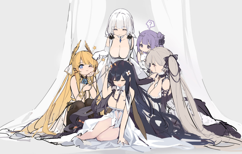 5girls ? absurdres azur_lane breasts cleavage curtains formidable_(azur_lane) hand_on_another's_head highres illustrious_(azur_lane) indomitable_(azur_lane) kincora leaning_forward multiple_girls no_hat no_headwear one_eye_closed sitting spoken_question_mark unicorn_(azur_lane) victorious_(azur_lane)