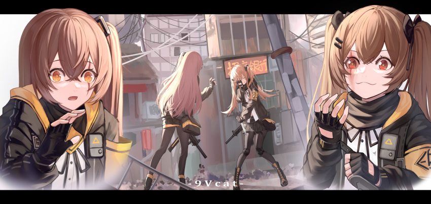 2girls 9_vcat :3 :o ammunition_pouch armband belt black_bow black_footwear black_gloves black_jacket black_legwear black_ribbon black_scarf black_skirt boots bow brown_hair closed_eyes combat_knife covering_one_eye fingerless_gloves full_body girls'_frontline gloves gun h&amp;k_ump45 h&amp;k_ump9 hair_bow hair_ornament hairclip highres holding holding_gun holding_knife holding_weapon jacket knee_pads knife long_hair multiple_girls multiple_views neck_ribbon one_side_up orange_hair pantyhose pouch red_eyes ribbon scar scar_across_eye scarf shirt skirt submachine_gun twintails ump45_(girls'_frontline) ump9_(girls'_frontline) upper_body weapon white_shirt yellow_eyes