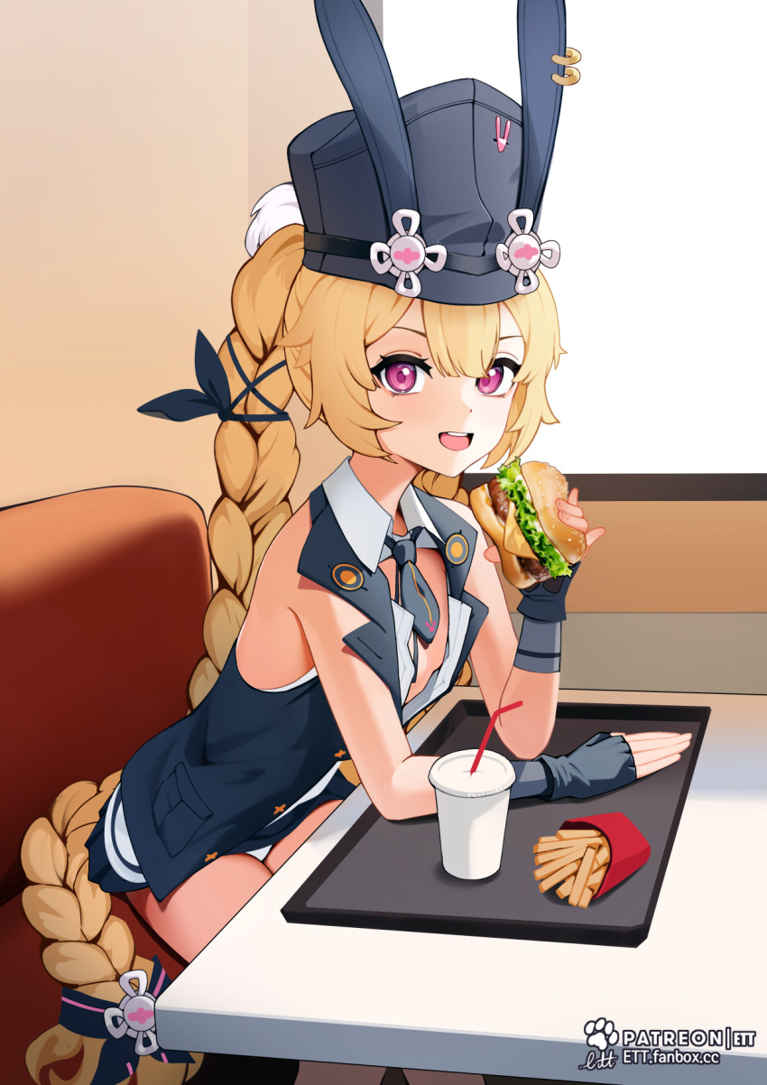 1girl :d animal_ear_headwear artist_logo black_gloves black_headwear black_jacket black_necktie blonde_hair braid braided_ponytail breasts burger collar cup disposable_cup ett fanbox_username fighting_stance food french_fries girls'_frontline gloves hat highres jacket long_hair looking_at_viewer necktie open_mouth panties patreon_username pink_eyes sitting sleeveless sleeveless_jacket small_breasts smile solo sr-3mp_(girls'_frontline) teeth underwear upper_teeth very_long_hair white_collar white_panties