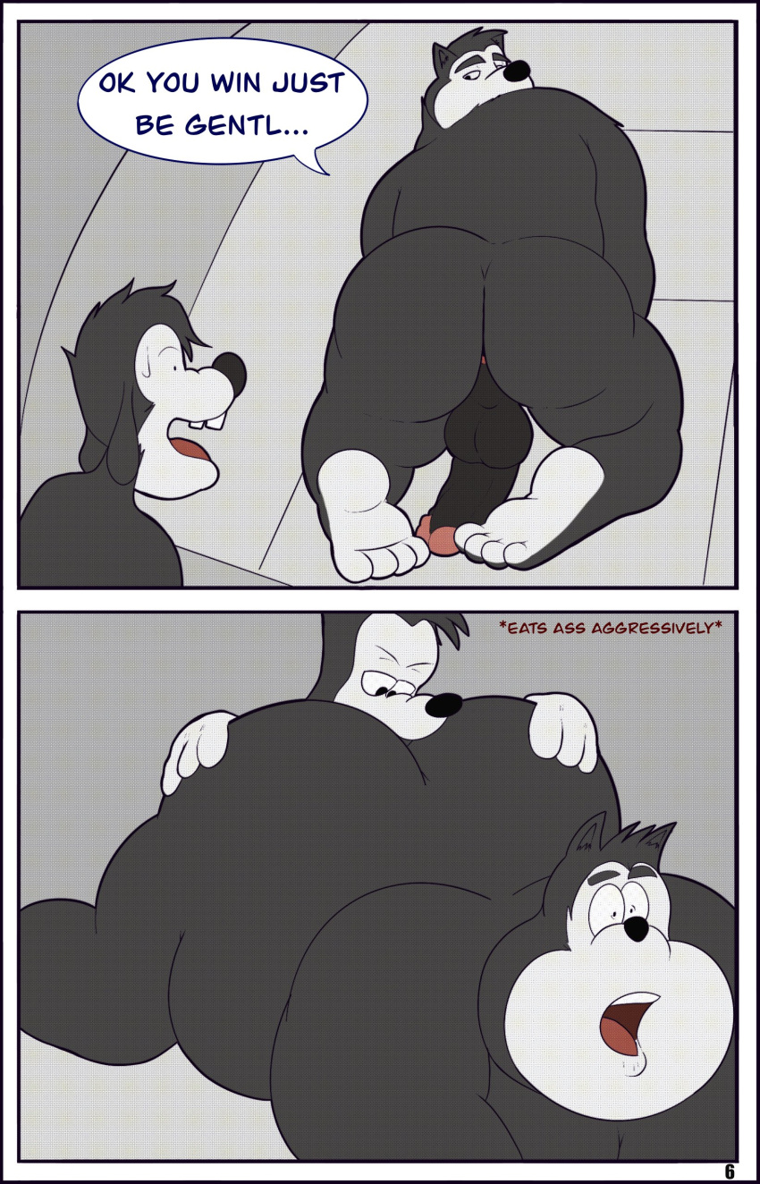 2022 absurd_res anal anthro balls barefoot belly big_belly big_butt black_body black_fur butt canid canine comic disney duo english_text erection feet felid fur gendomx genitals goof_troop hi_res humanoid_genitalia humanoid_hands humanoid_penis intraspecies male male/male mammal max_goof oral overweight overweight_male penis pj_(goof_troop) rimming sex text young