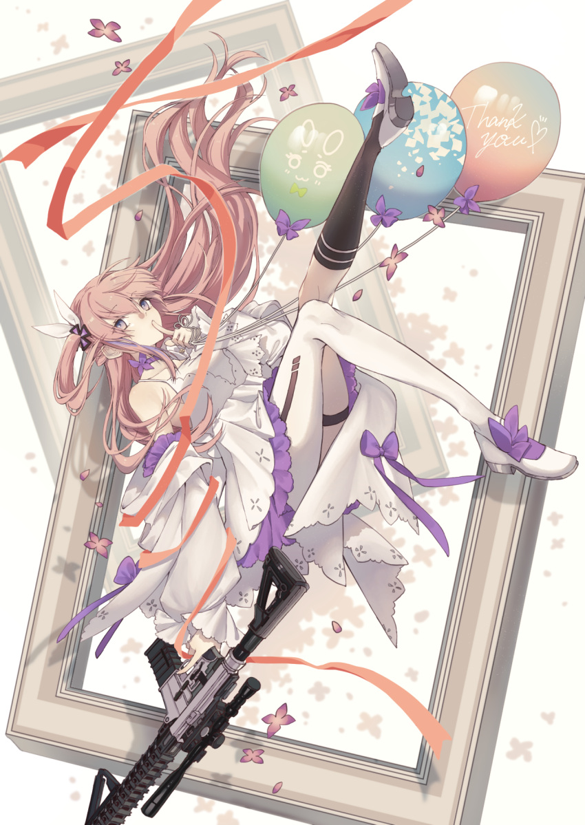 1girl ar-15 asymmetrical_legwear balloon bangs breasts choker commentary dress eyebrows_visible_through_hair finger_to_mouth full_body girls'_frontline gun hair_ornament hairclip high_heels highres holding holding_gun holding_weapon light_purple_eyes long_hair looking_at_viewer multicolored_clothes multicolored_legwear official_alternate_costume pink_hair purple_choker rabb_horn rifle shushing side_ponytail small_breasts solo st_ar-15_(girls'_frontline) st_ar-15_(top_hat_drifting_to_the_flowers)_(girls'_frontline) thank_you weapon white_dress white_footwear