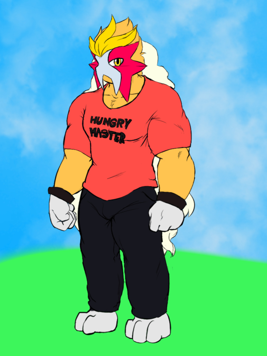 absurd_res anthro black_bottomwear black_clothing black_pants bottomwear clothing entei hi_res holden_yumizuka legendary_pok&eacute;mon male nintendo pants pok&eacute;mon pok&eacute;mon_(species) red_clothing red_shirt red_topwear shirt silent_e solo t-shirt topwear video_games yellow_eyes