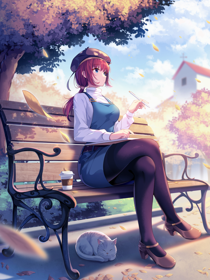1girl autumn autumn_leaves bench beret black_legwear blue_eyes branch breasts bush cat church closed_mouth cloud cloudy_sky coffee_cup commentary crossed_legs cup dappled_sunlight day disposable_cup drawing falling_leaves full_body grass hand_on_lap hat highres holding holding_pencil kagami_(galgamesion) leaf looking_afar medium_breasts medium_hair on_bench on_lap original outdoors overall_skirt pantyhose park park_bench pencil ponytail red_hair scenery shadow shirt shoes sitting sketchbook sky sleeping solo sunlight tree white_shirt