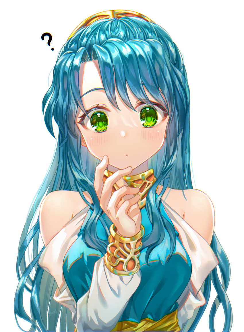1girl ? absurdres bangs bare_shoulders blue_hair blush bracer braid breasts cleavage commentary_request dress french_braid green_eyes hair_intakes head_tilt highres jewelry long_hair looking_at_viewer madou_monogatari medium_breasts neck_ring portrait puyopuyo rulue_(puyopuyo) sash solo strapless strapless_dress upper_body wavy_hair white_dress zuzuhashi