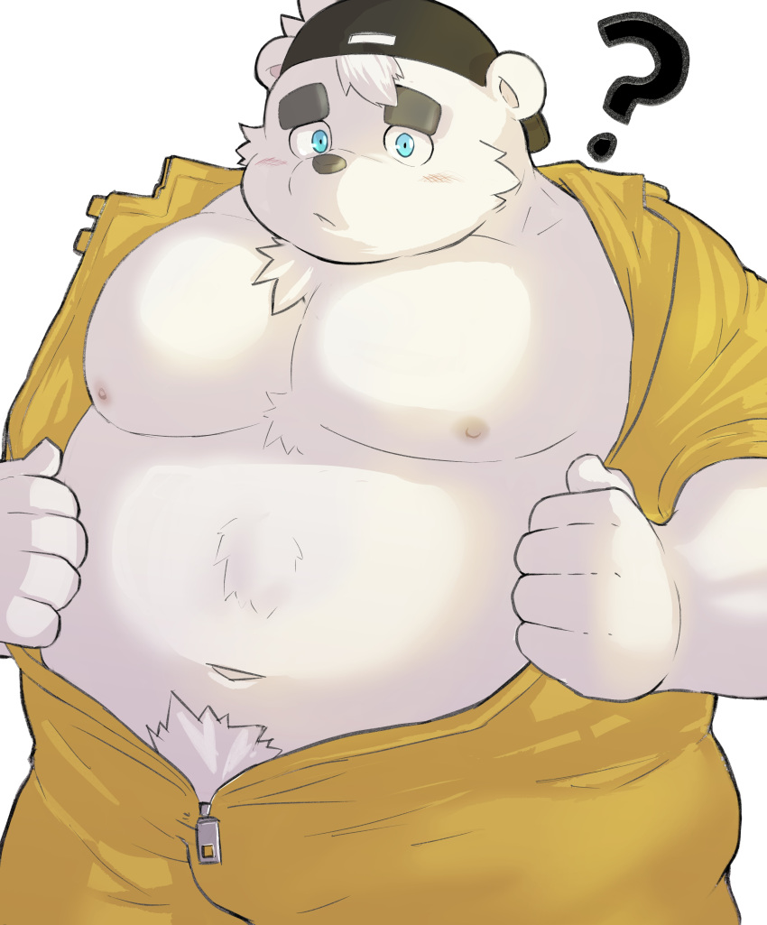 2022 absurd_res anthro belly big_belly blue_eyes blush clothing fur hi_res humanoid_hands kemono male mammal moobs navel nipples overweight overweight_male polar_bear pubes question_mark sakisukem solo undressing ursid ursine white_body white_fur