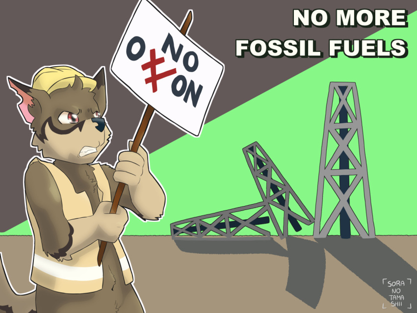 2021 4_fingers angry anthro black_nose bottomless bottomless_anthro bottomless_male brown_body brown_fur canid canine canis clenched_teeth clothed clothing coyote dipstick_ears english_text environmentalism fingers fur gloves_(marking) headgear headwear holding_object holding_sign male mammal markings multicolored_ears notched_ear politics red_eyes sign signature solo soranotamashii standing teeth text topwear vest
