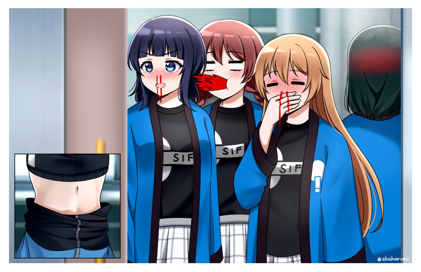 4girls asaka_karin belly black_hair black_shirt blood blue_eyes blush covering_mouth emma_verde hair_blush hand_over_own_mouth highres konoe_kanata love_live! love_live!_nijigasaki_high_school_idol_club medium_hair midriff mifune_shioriko multiple_girls navel nosebleed plaid plaid_skirt scene_reference shirt ska.harumi skirt spit_take spitting takasaki_yuu twitter_username v-shaped_eyebrows white_skirt