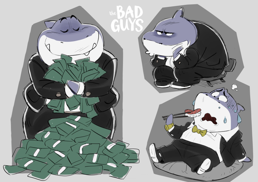 absurd_res anthro bow_tie chibetto concept_art dreamworks eyes_closed fish food hi_res male marine money mr._shark_(the_bad_guys) official_art overweight overweight_male shark sitting solo sushi the_bad_guys