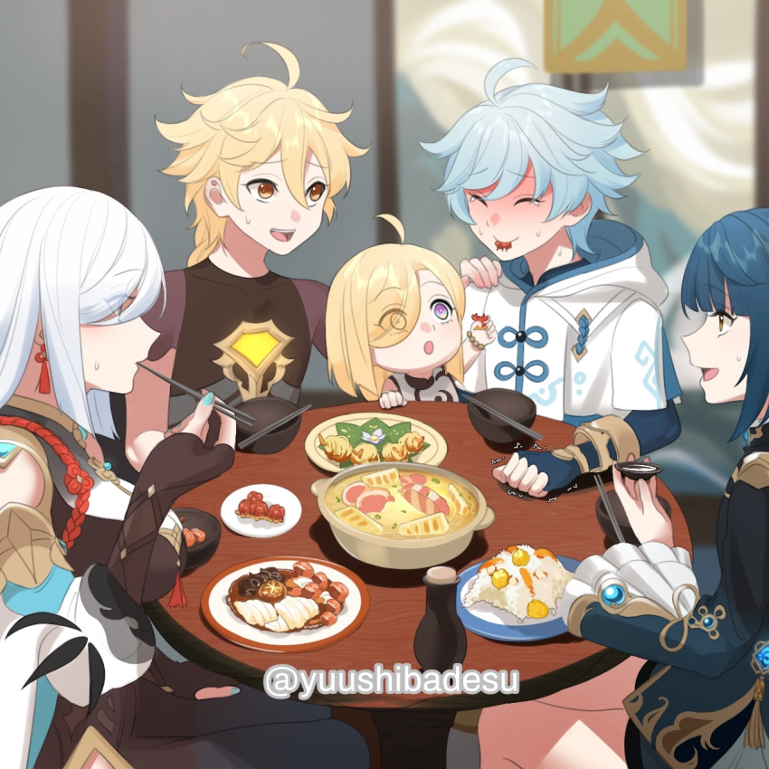 2girls 3boys aether_(genshin_impact) blonde_hair blue_hair breasts child chinese_clothes chongyun_(genshin_impact) chopsticks cousins family father_and_daughter feeding food genshin_impact highres if_they_mated large_breasts mother_and_daughter multiple_boys multiple_girls nail_polish purple_eyes shenhe_(genshin_impact) twitter_username vision_(genshin_impact) white_hair xingqiu_(genshin_impact) yellow_eyes yuushiba