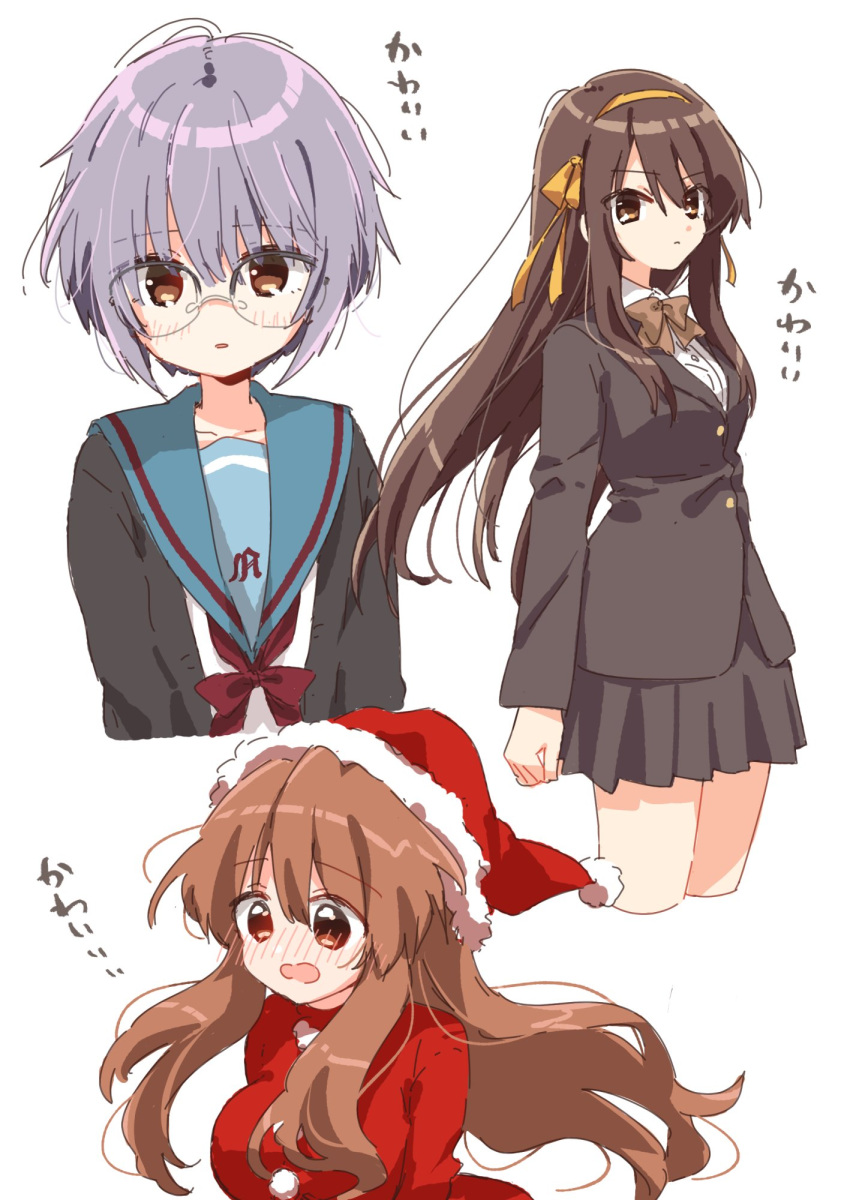 3girls asahina_mikuru bangs blue_sailor_collar blush bow bowtie brown_bow brown_bowtie brown_cardigan brown_eyes brown_hair brown_jacket brown_skirt cardigan glasses hair_ribbon hairband hat highres jacket kouyouen_academy_school_uniform long_hair long_sleeves looking_at_viewer matsuda_hikari multiple_girls nagato_yuki official_alternate_costume official_alternate_hair_length official_alternate_hairstyle open_cardigan open_clothes open_mouth orange_eyes orange_hair purple_hair red_ribbon ribbon sailor_collar santa_costume santa_hat school_uniform serafuku shirt short_hair simple_background skirt suzumiya_haruhi suzumiya_haruhi_no_shoushitsu suzumiya_haruhi_no_yuuutsu translation_request upper_body white_background white_shirt yellow_hairband yellow_ribbon