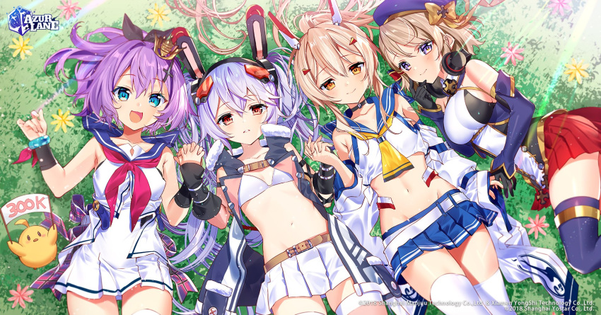 4girls animal_ears armpit_crease ayanami_(azur_lane) azur_lane bare_arms bare_shoulders belt beret bikini bikini_top_only black_choker black_shirt blonde_hair blue_skirt breasts choker crop_top detached_sleeves dress fake_animal_ears gold_trim hat highres holding_hands jacket javelin_(azur_lane) laffey_(azur_lane) large_breasts long_hair long_sleeves looking_at_viewer lying manjuu_(azur_lane) mechanical_ears midriff miniskirt multiple_girls murakami_yuichi navel neckerchief official_art on_back open_clothes open_jacket orange_eyes pleated_skirt ponytail purple_eyes rabbit_ears red_skirt retrofit_(azur_lane) revealing_clothes sailor_collar school_uniform serafuku shirt skirt sleeveless sleeveless_dress sleeveless_jacket smile stomach swimsuit thighs white_bikini white_dress white_legwear white_shirt white_skirt wide_sleeves z23_(azur_lane) zettai_ryouiki