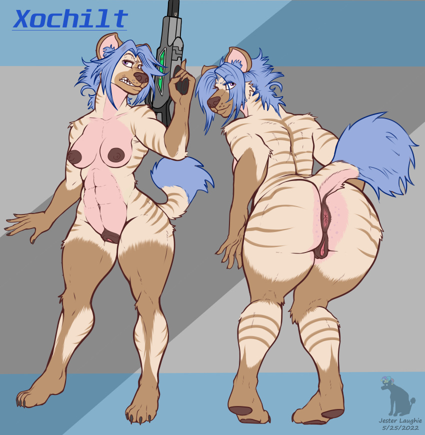 absurd_res anus breasts butt cyberpunk female genitals gun hi_res hyaenid jester_laughie mammal nipples presenting pussy raised_tail ranged_weapon weapon