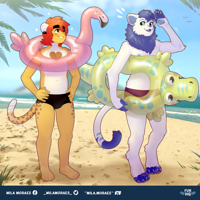 &lt;3 1:1 alexander_(mila.moraes) ambient_bird animal_pool_toy animal_swim_ring anthro avian bar_emanata beach bird blue_pawpads chest_markings clothed clothing digital_media_(artwork) duo ear_piercing elbow_tufts emanata eyebrows fangs felid flotation_device freckles fur gauged_ear girly hair hands_on_hips heart_(marking) heart_on_body hi_res holding_object holding_pool_toy holding_swim_ring inanimate_object inflatable inner_ear_fluff inner_tube jaguar lion male mammal mane mane_hair markings mila.moraes motion_lines open_mouth open_smile outside pantherine pawpads paws piercing pool_toy purple_hair red_hair sand sea seaside shaded shoulder_tuft smile sparkles speedo speedo_only spots spotted_body spotted_fur swim_ring swimwear thick_eyebrows topless tuft water white_body white_fur wide_eyed yellow_body yellow_fur