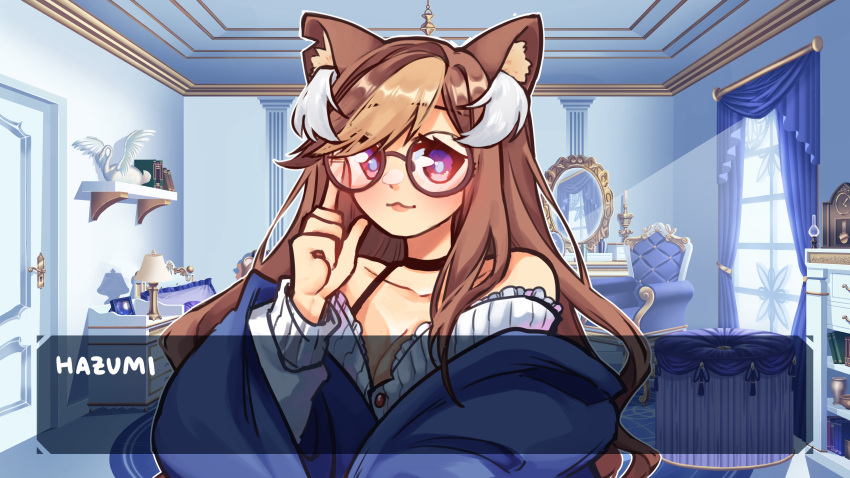 1girl absurdres animal_ear_fluff animal_ears black_choker blue_jacket breasts brown_hair character_name choker cleavage collarbone curtains dialogue_box fake_screenshot glasses hazumi_aileen highres indie_virtual_youtuber jacket lamp leech_(leecchie) lion_ears lion_girl long_hair mirror off_shoulder pink_eyes round_eyewear shirt solo template visual_novel white_shirt window