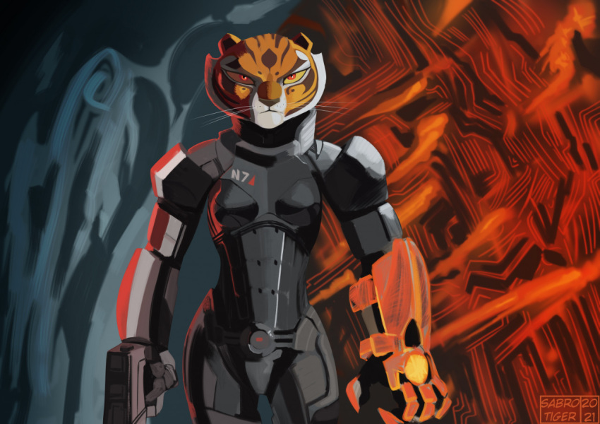 2021 abstract_background anthro armor breasts clothed clothing crossover dreamworks felid female gun kung_fu_panda mammal mass_effect master_tigress n7 omnitool pantherine ranged_weapon red_eyes sabrotiger small_breasts solo tiger video_games weapon whiskers yellow_sclera