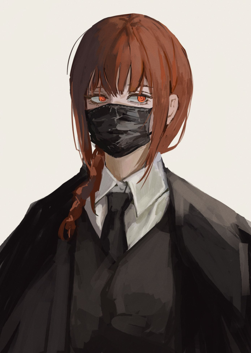 1girl bangs black_coat black_mask black_necktie braid braided_ponytail chainsaw_man coat collared_shirt highres jacket looking_to_the_side makima_(chainsaw_man) mask mouth_mask necktie null_(skev7724) ponytail red_eyes red_hair ringed_eyes shirt simple_background solo white_background