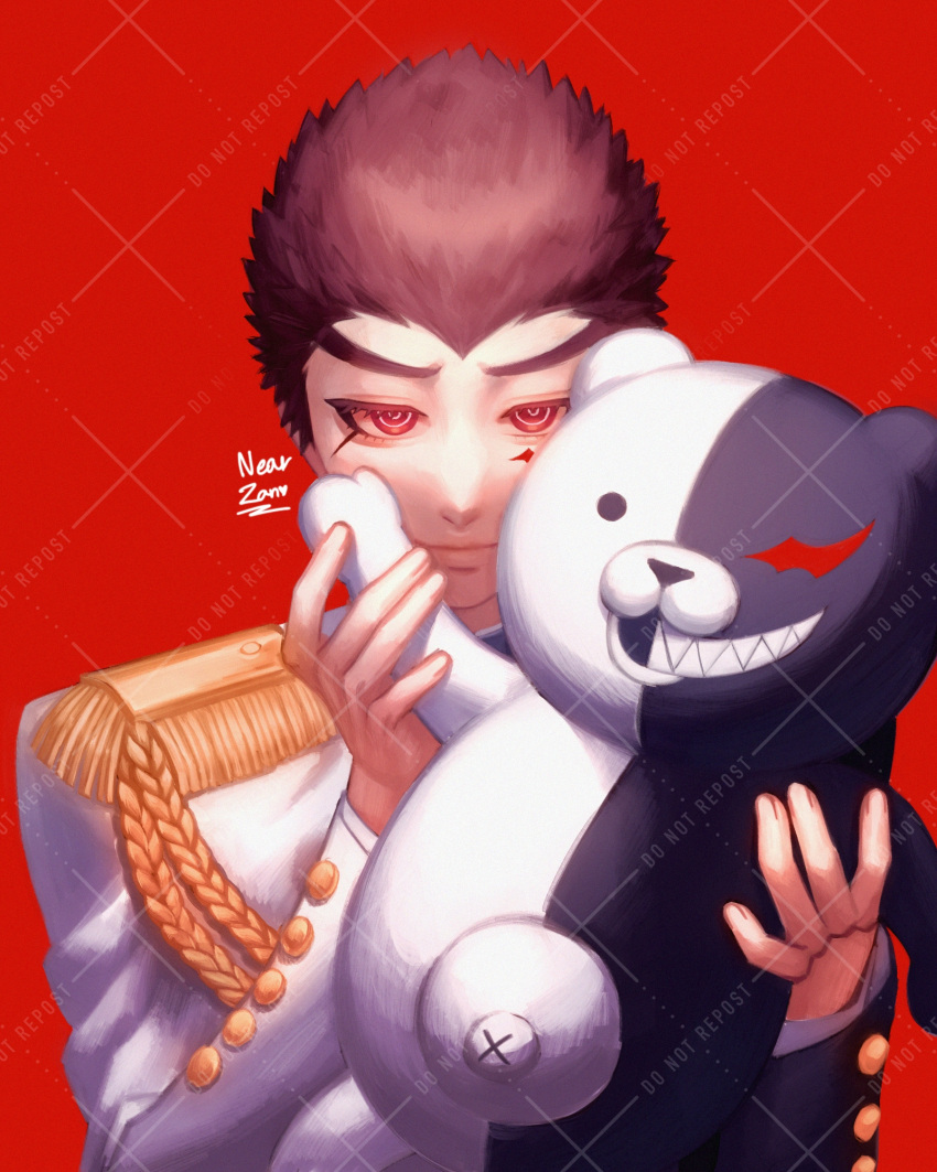 1boy artist_name bangs closed_mouth danganronpa:_trigger_happy_havoc danganronpa_(series) gakuran grin highres holding holding_stuffed_toy ishimaru_kiyotaka jacket long_sleeves looking_at_viewer monokuma nearzan red_background red_eyes school_uniform sharp_teeth smile stuffed_toy teeth white_jacket