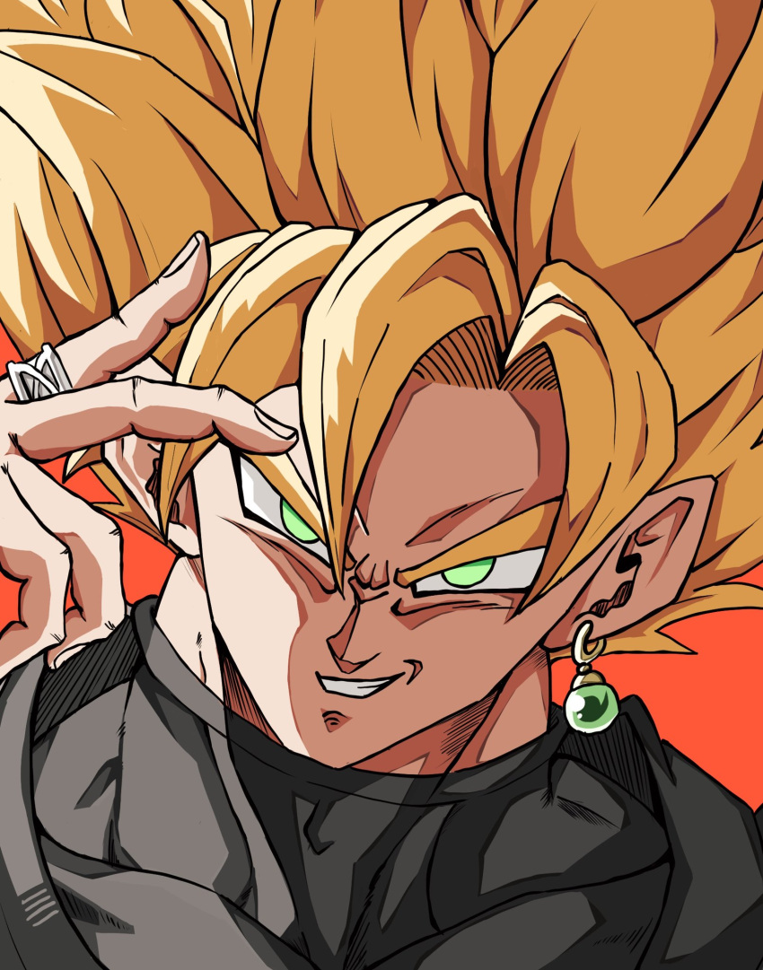 1boy bangs black_shirt black_undershirt blonde_hair commentary_request dougi dragon_ball dragon_ball_super earrings glowing glowing_eyes goku_black green_eyes grin highres jewelry looking_at_viewer male_focus muscular muscular_male potara_earrings red_background ring shirt simple_background smile solo spiked_hair super_saiyan super_saiyan_1 tarosi v-shaped_eyebrows