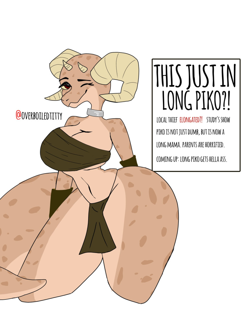 2022 anthro big_breasts bottomwear breasts brown_body brown_scales chest_wraps clothing digital_media_(artwork) english_text eyelashes female hi_res horn huge_hips huge_thighs hyper_hips kobold loincloth looking_at_viewer navel neckwear one_eye_closed overboiledtitty piko_(simplifypm) reptile scales scalie small_waist solo spots text thick_tail thick_thighs wide_hips wraps
