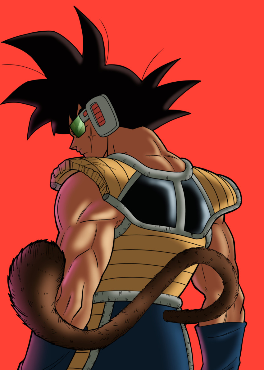 1boy absurdres armor bardock black_hair black_outline blue_armband blue_pants broken_armor brown_fur dragon_ball dragon_ball_super english_commentary from_behind highres iamthetrev light looking_to_the_side male_focus monkey_tail muscular muscular_male outline pants red_background red_wristband saiyan_armor scar scar_on_cheek scar_on_face scouter serious shoulder_armor simple_background solo spiked_hair tail wristband