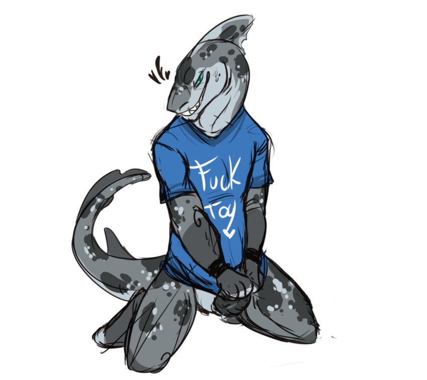 anthro bottomless bottomless_anthro bottomless_male clothed clothing english_text erection fin fish genitals grey_body grey_skin half-closed_eyes head_fin hiding_erection kneeling looking_at_viewer male marine melthecannibal multicolored_body narrowed_eyes penis shark shirt simple_background smile solo sylas_(superlemonz) teeth text topwear white_background