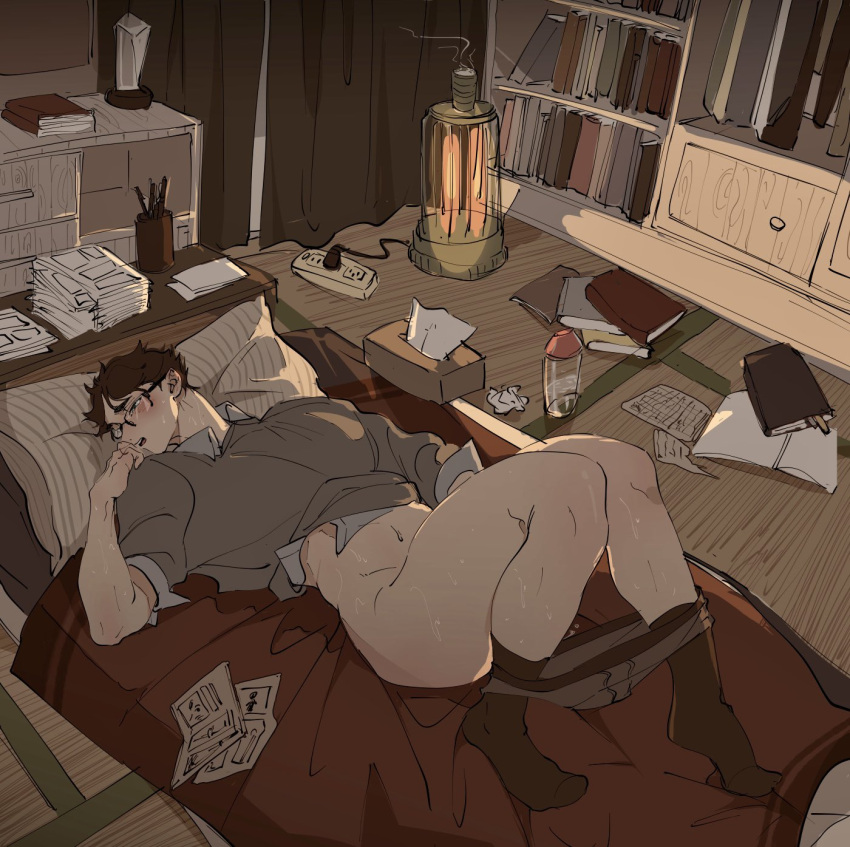 1boy akaashi_keiji ass black_hair blush book book_stack bookshelf brown_male_underwear brown_sweater futon glasses haikyuu!! heater highres jtdbyhra2022 lying male_focus male_underwear male_underwear_pull nude on_back open_book paper pillow short_hair socks solo sweat sweater thick_thighs thighs underwear