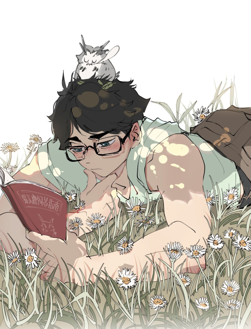 1boy akaashi_keiji animal animal_on_head aqua_tank_top bangs bird black_hair blush book brown_pants closed_mouth flower grass haikyuu!! highres holding holding_book jtdbyhra2022 leaf leaf_on_head lying male_focus on_head on_stomach open_book owl pants reading short_hair tank_top